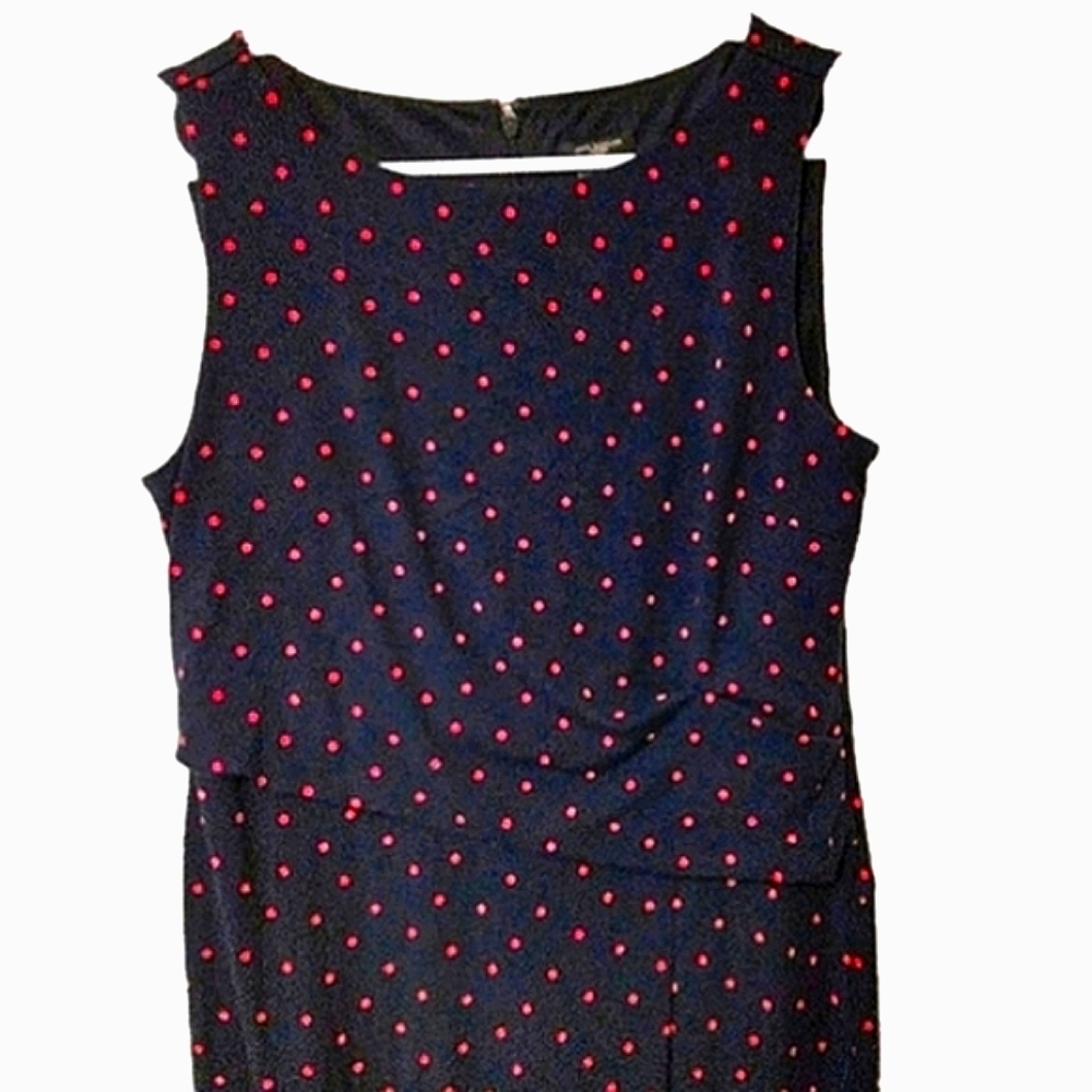 8P 𝅺Ann Taylor Dark Navy Blue & Pink Polka-Dot Stretchy Shift Dress Sleeveless